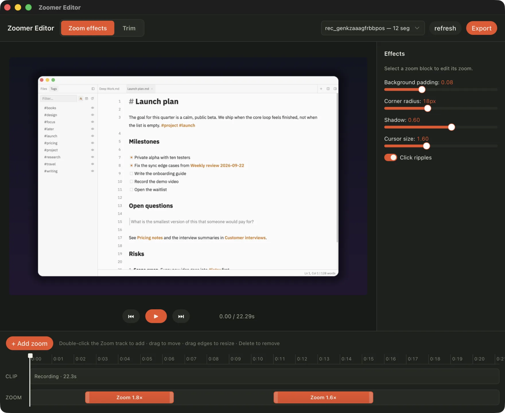 The Zoomer editor with a recording in the preview and zoom segments on the timeline